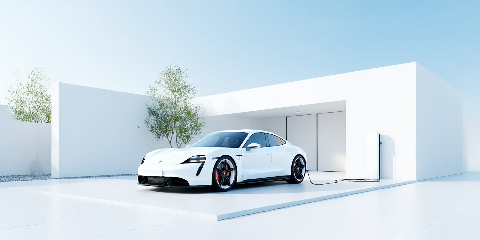 A white electric car plugged into a wall charger in front of a minimalist white building