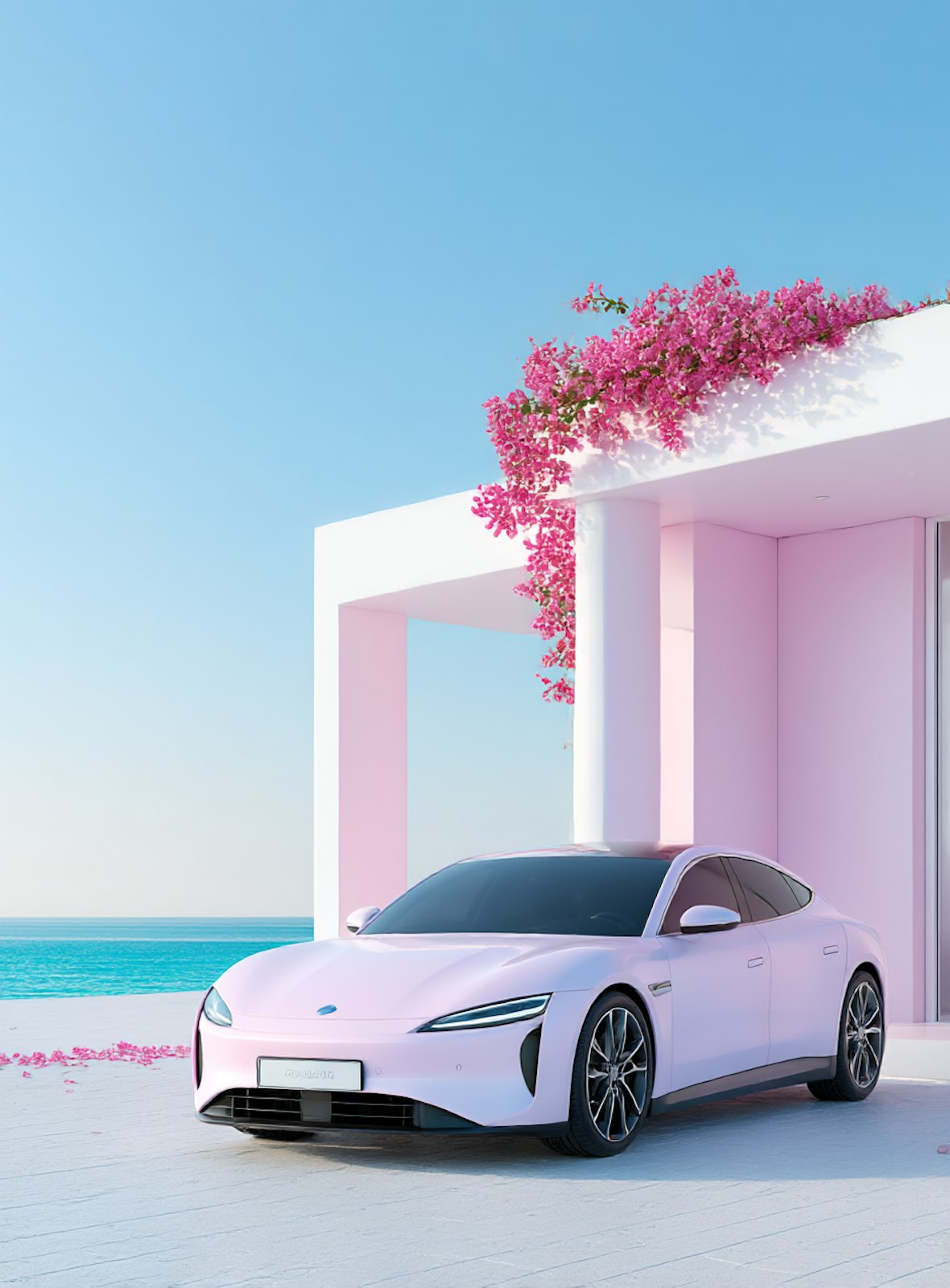 A pastel pink electric car parked beside a white wall with flowers, the sea behind it