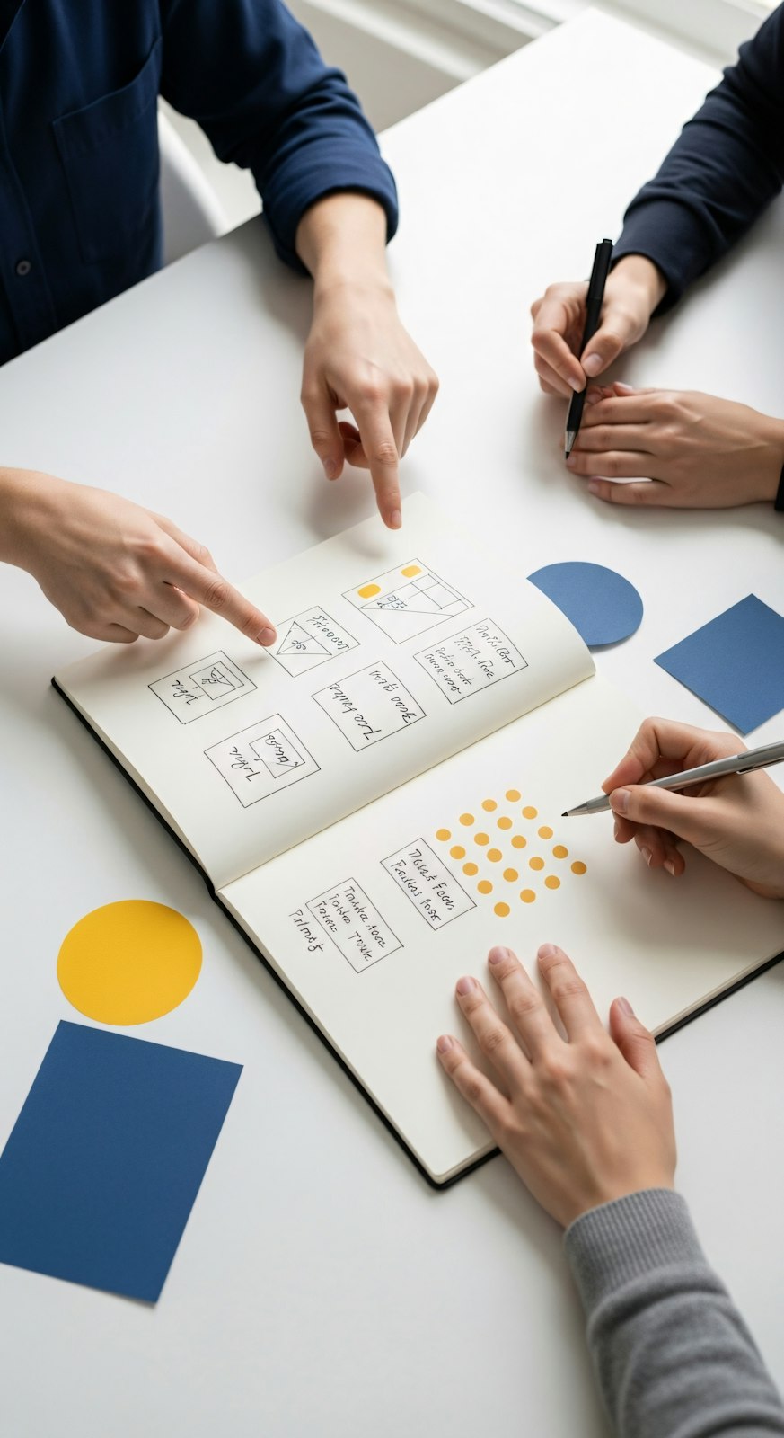 Three people sketching interface wireframes in a notebook on a white table