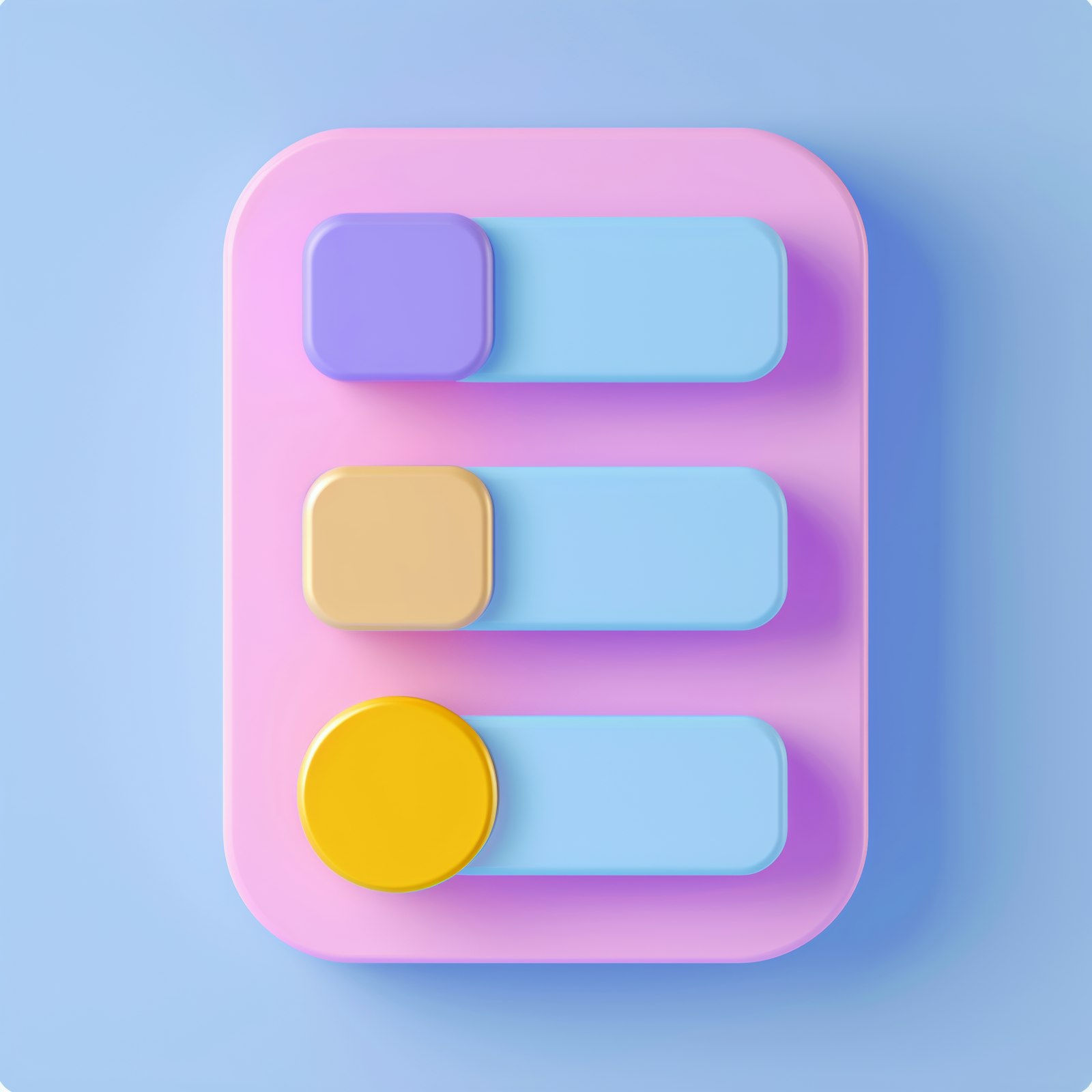 Three pastel 3D toggle switches on a pink panel against a soft blue background