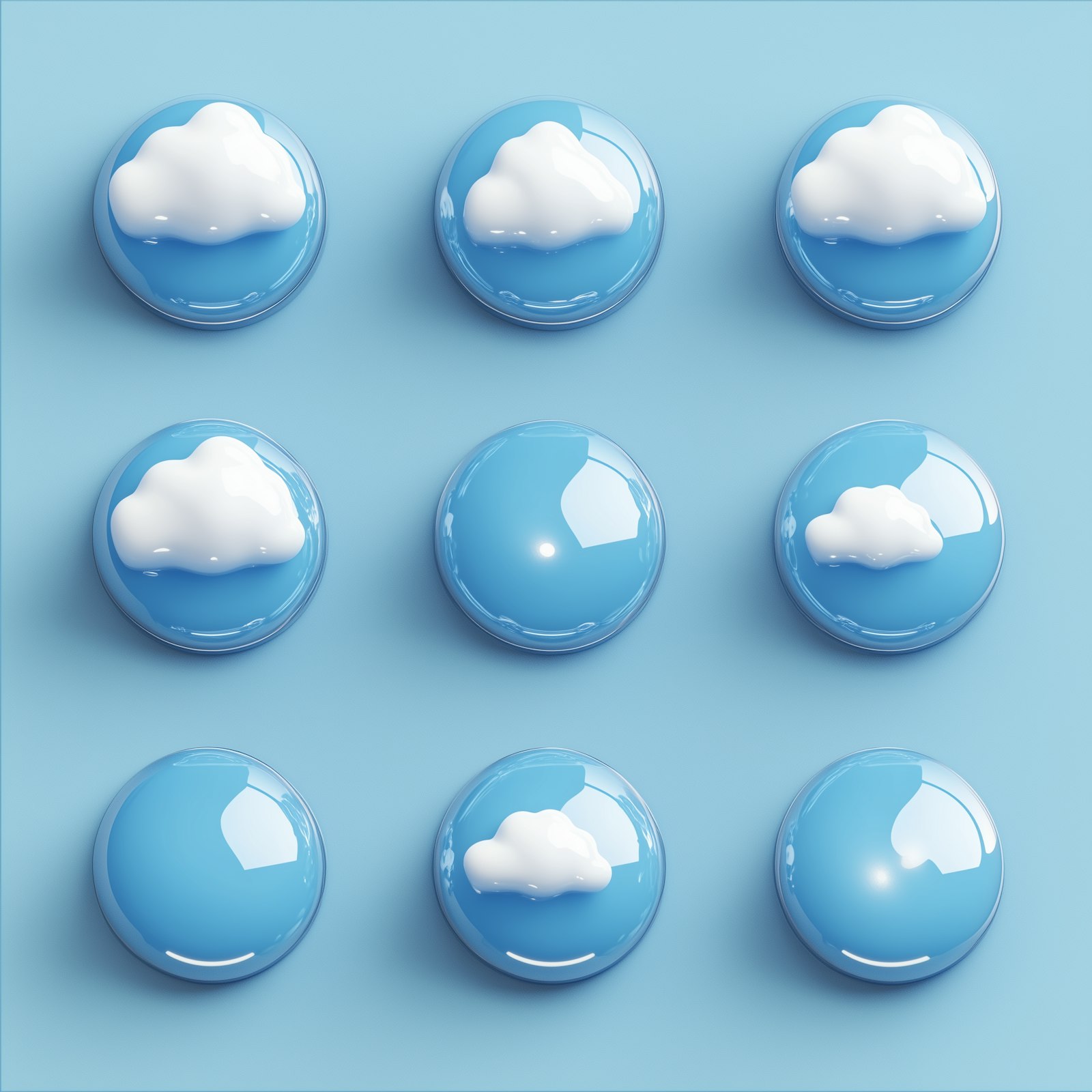 A grid of glossy blue buttons, some holding soft white clouds