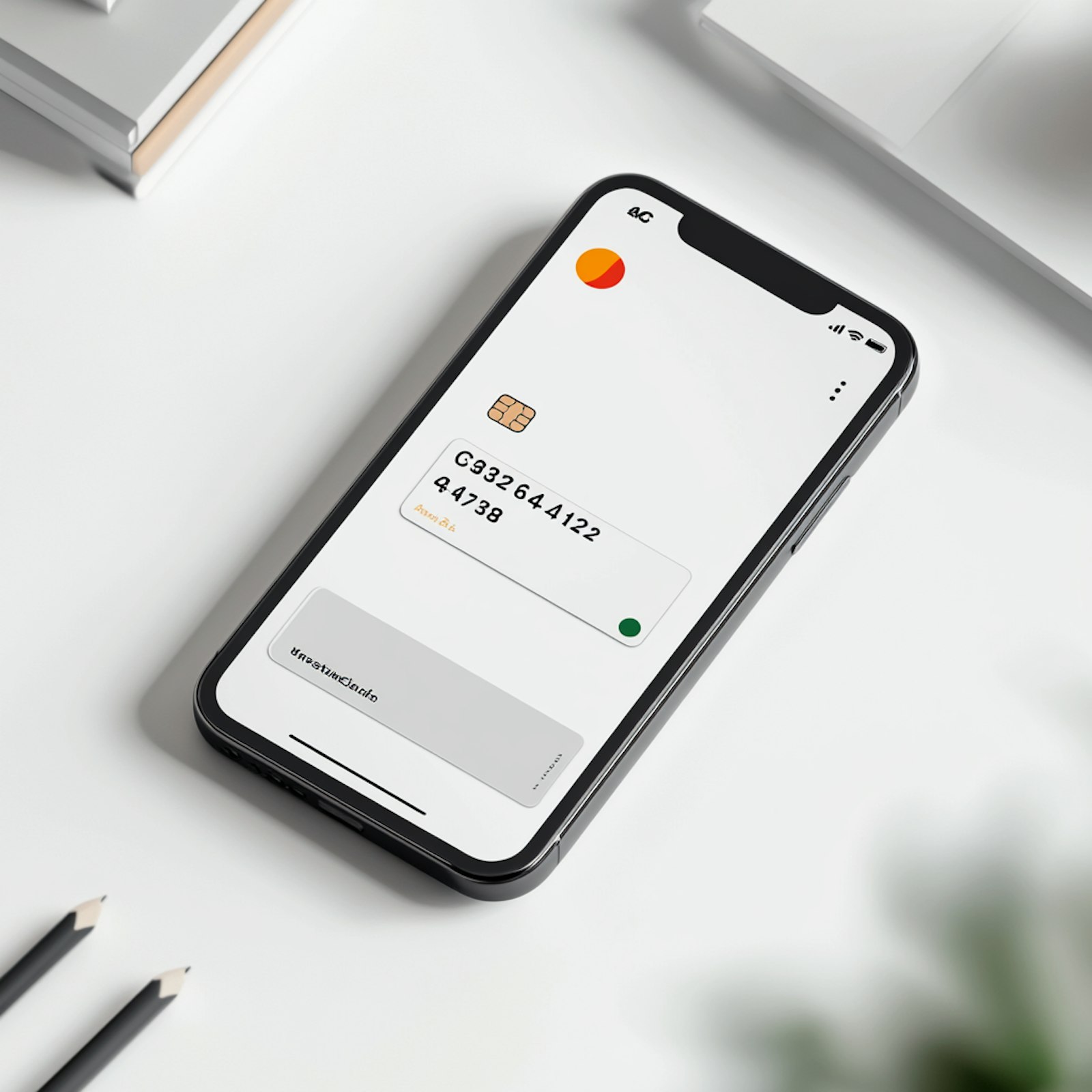 A smartphone showing a payment card screen on a white desk