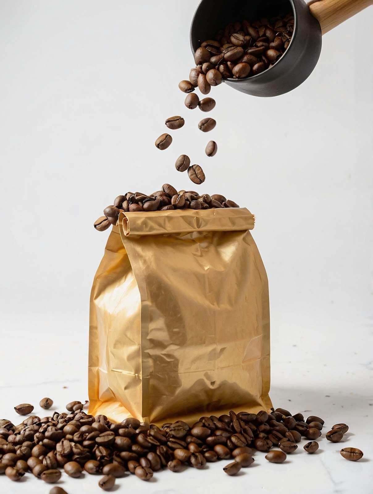 Roasted coffee beans pouring from a scoop into a golden coffee bag