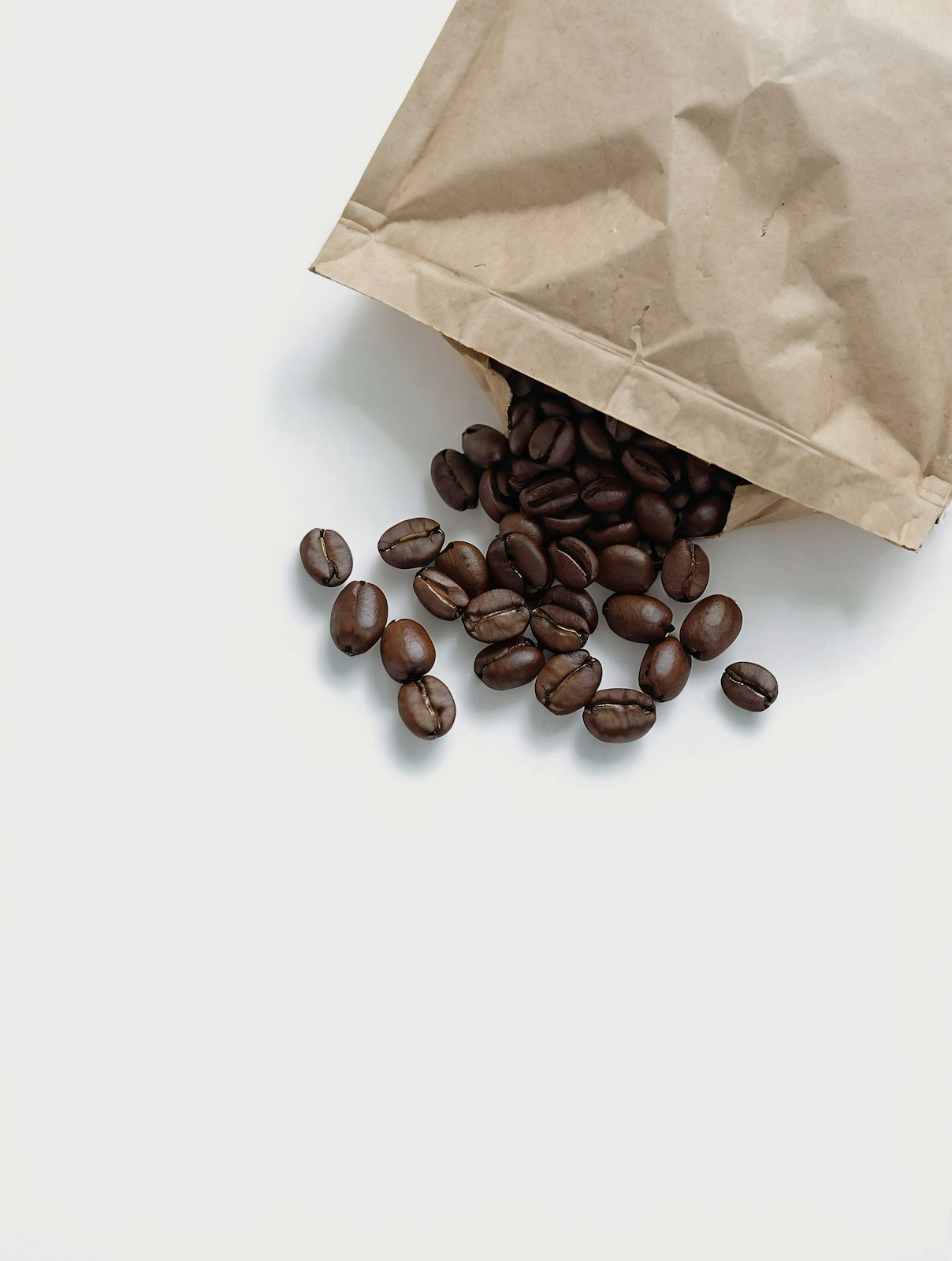 Dark roasted coffee beans spilling from a brown paper bag onto a white surface