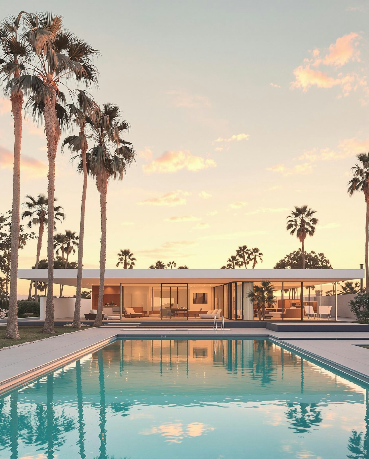 A modern single-storey house with glass walls and palm trees reflected in a pool at sunset