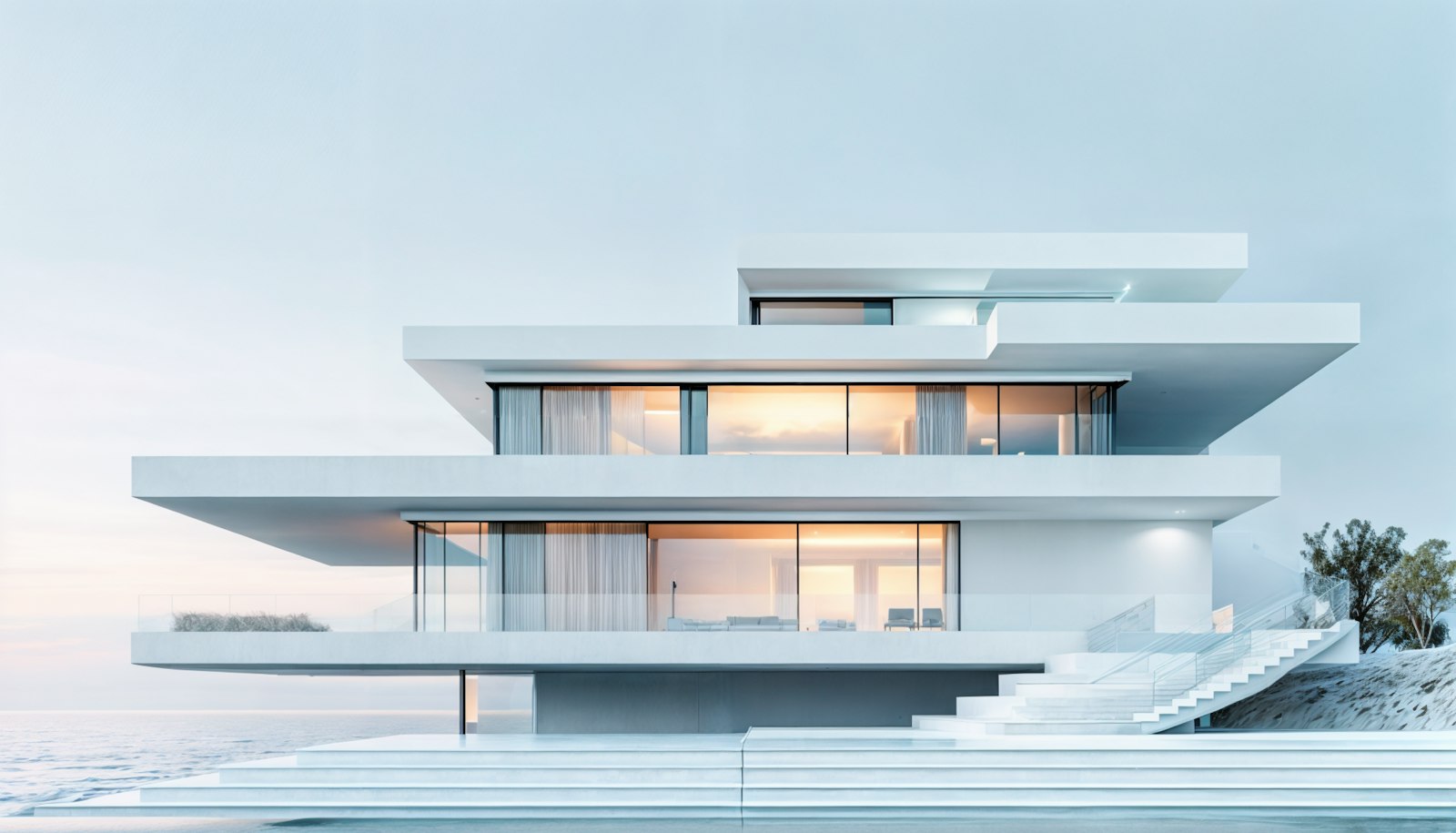 A modern geometric house with large windows on the coast